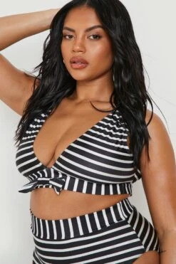 BOOHOO Plus Stripe Tie Front High Waist Bikini -Sea Vibe Together female black plus stripe tie front high waist bikini 3
