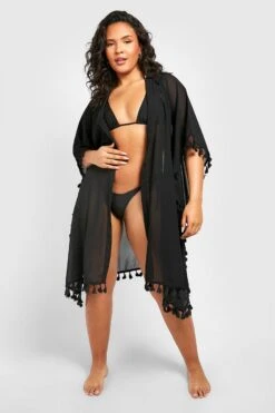 BOOHOO Plus Tassel Hem Beach Shirt -Sea Vibe Together female black plus tassel hem beach shirt 2