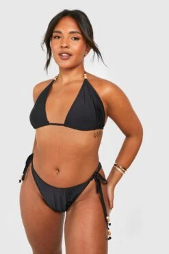 BOOHOO Plus Wooden Bead Triangle Bikini Set -Sea Vibe Together female black plus wooden bead triangle bikini set 3