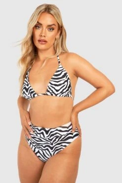 BOOHOO Plus Zebra Print Triangle Tie Bikini Top -Sea Vibe Together female black plus zebra print triangle tie bikini top 2