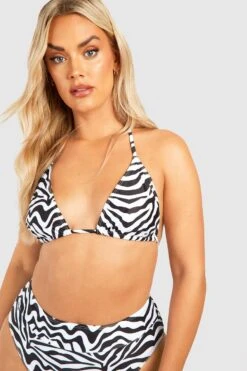 BOOHOO Plus Zebra Print Triangle Tie Bikini Top -Sea Vibe Together female black plus zebra print triangle tie bikini top 3