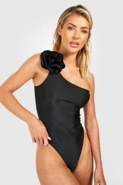 BOOHOO Rose Corsage One Shoulder Swimsuit