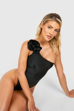 BOOHOO Rose Corsage One Shoulder Swimsuit -Sea Vibe Together female black rose corsage one shoulder swimsuit 3