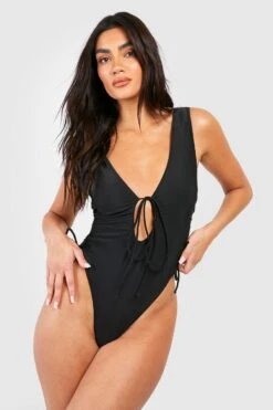 BOOHOO Ruched Cut Out Tie Plunge Swimsuit