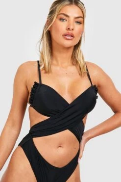 BOOHOO Ruched Wrap Cut Out Padded Swimsuit -Sea Vibe Together female black ruched wrap cut out padded swimsuit 2