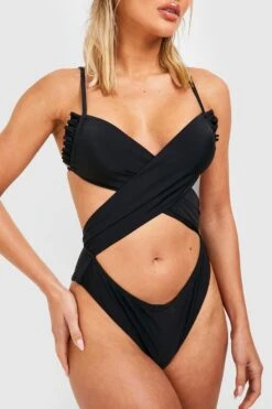 BOOHOO Ruched Wrap Cut Out Padded Swimsuit -Sea Vibe Together female black ruched wrap cut out padded swimsuit 3