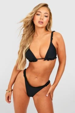 BOOHOO Ruffle Detail Padded Bikini Set -Sea Vibe Together female black ruffle detail padded bikini set 2