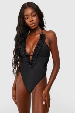 BOOHOO Ruffle Detail Plunge Swimsuit -Sea Vibe Together female black ruffle detail plunge swimsuit 2