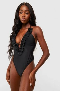 BOOHOO Ruffle Detail Plunge Swimsuit