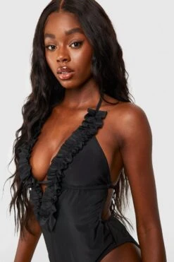 BOOHOO Ruffle Detail Plunge Swimsuit -Sea Vibe Together female black ruffle detail plunge swimsuit 3