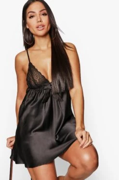 BOOHOO Satin And Lace Bow Babydoll -Sea Vibe Together female black satin and lace bow babydoll 3