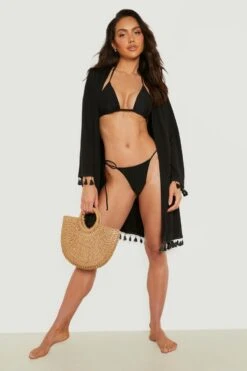 BOOHOO Tassel Hem Short Beach Kimono -Sea Vibe Together female black tassel hem short beach kimono 2