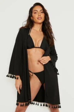 BOOHOO Tassel Hem Short Beach Kimono -Sea Vibe Together female black tassel hem short beach kimono 3