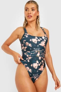 BOOHOO Tie Dye Bleached Look Scoop Neck Belted O Ring Swimsuit