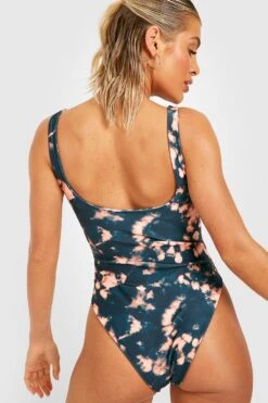 BOOHOO Tie Dye Bleached Look Scoop Neck Belted O Ring Swimsuit -Sea Vibe Together female black tie dye bleached look scoop neck belted o ring swimsuit 3