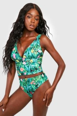 BOOHOO Tropical Tummy Control Plunge Tankini Bikini Set