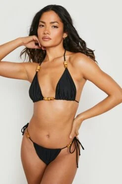 BOOHOO Wooden Bead Triangle Tie Bikini Top -Sea Vibe Together female black wooden bead triangle tie bikini top 3