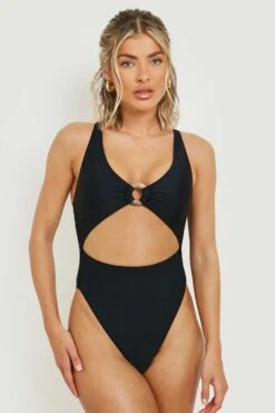BOOHOO Wooden O-Ring Cut Out Swimsuit -Sea Vibe Together female black wooden o ring cut out swimsuit 2