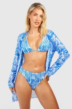 BOOHOO 3 Pack Marble Shirred Bikini Set & Kimono