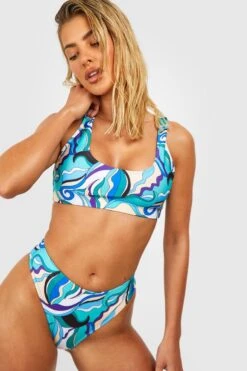 BOOHOO Blue Abstract Scoop Bikini Set