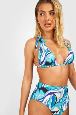 BOOHOO Blue Abstract Tie Shoulder High Waist Bikini Set -Sea Vibe Together female blue blue abstract tie shoulder high waist bikini set 2