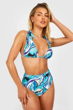 BOOHOO Blue Abstract Tie Shoulder High Waist Bikini Set