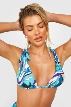 BOOHOO Blue Abstract Tie Shoulder High Waist Bikini Set -Sea Vibe Together female blue blue abstract tie shoulder high waist bikini set 3