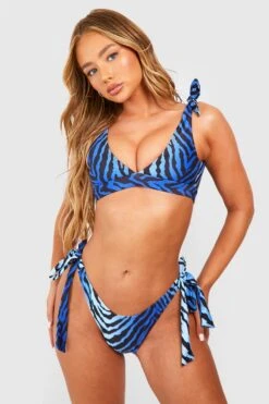 BOOHOO Blue Zebra Tie Shoulder Bikini Top