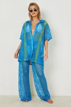 BOOHOO Color Block Knit Shirt & Pants Beach Set