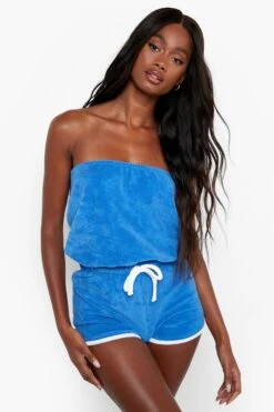 BOOHOO Contrast Toweling Bandeau Beach Romper -Sea Vibe Together female blue contrast toweling bandeau beach romper 3