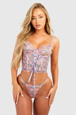 BOOHOO Floral Corset Bralette & Thong Set