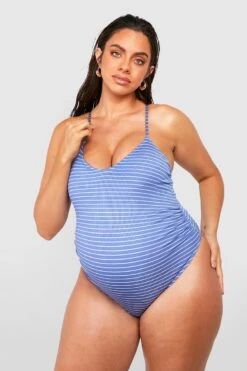 BOOHOO Maternity Nautical Rib Cross Back Swimsuit -Sea Vibe Together female blue maternity nautical rib cross back swimsuit 2