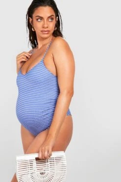 BOOHOO Maternity Nautical Rib Cross Back Swimsuit