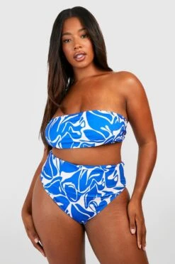 BOOHOO Plus Abstract Printed Bandeau Bikini Set -Sea Vibe Together female blue plus abstract printed bandeau bikini set 1 2