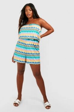 BOOHOO Plus Azetc Print Bandeau Beach Romper 6 BOOHOO Plus Azetc Print Bandeau Beach Romper -Sea Vibe Together female blue plus azetc print bandeau beach romper 2