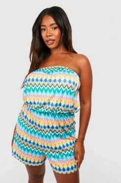 BOOHOO Plus Azetc Print Bandeau Beach Romper