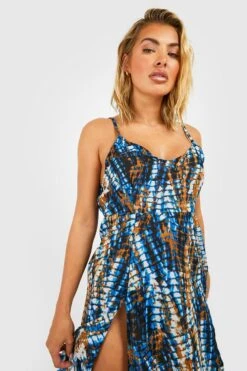 BOOHOO Tie Dye Strappy Split Beach Maxi Dress -Sea Vibe Together female blue tie dye strappy split beach maxi dress 2