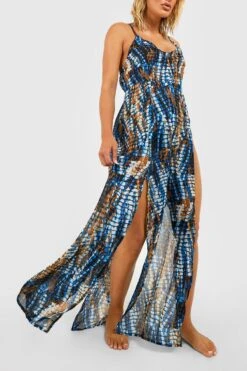 BOOHOO Tie Dye Strappy Split Beach Maxi Dress -Sea Vibe Together female blue tie dye strappy split beach maxi dress 3