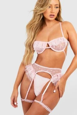BOOHOO Dobby Mesh Frill Detail Bra, Thong & Suspender Set 7 BOOHOO Dobby Mesh Frill Detail Bra, Thong & Suspender Set -Sea Vibe Together female blush dobby mesh frill detail bra thong suspender set 3