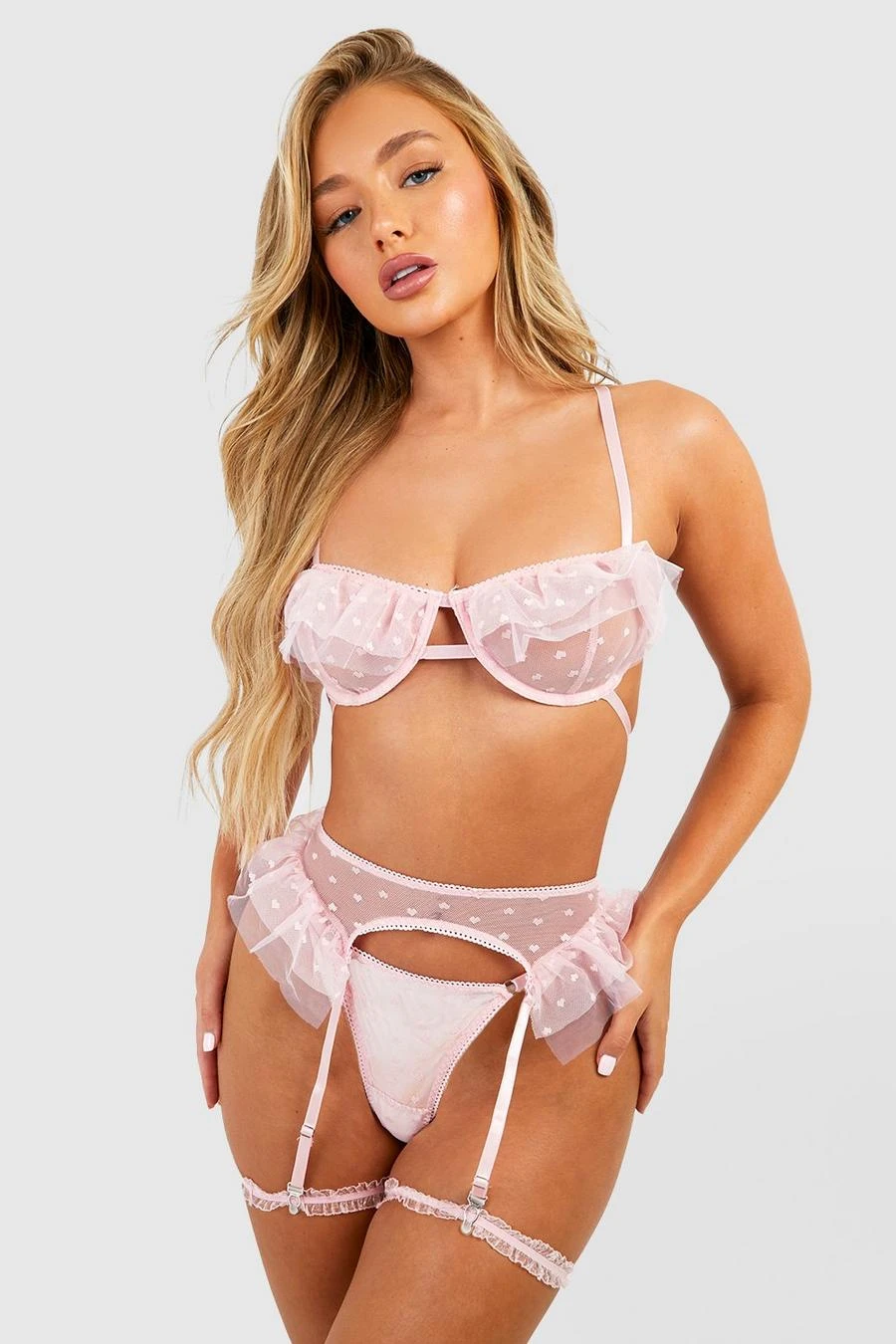 BOOHOO Dobby Mesh Frill Detail Bra, Thong & Suspender Set 1 BOOHOO Dobby Mesh Frill Detail Bra, Thong & Suspender Set