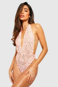 BOOHOO Plunge Ribbon Tie Halter Bodysuit