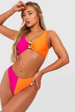 BOOHOO Color Block O-Ring Bikini Set & Scrunchie -Sea Vibe Together female bright20pink color block o ring bikini set scrunchie 2