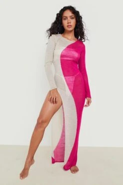 BOOHOO Sheer Knit Contrast Slit Maxi Beach Dress