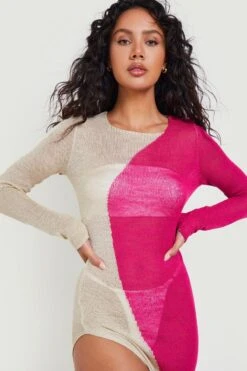 BOOHOO Sheer Knit Contrast Slit Maxi Beach Dress -Sea Vibe Together female bright20pink sheer knit contrast slit maxi beach dress 3