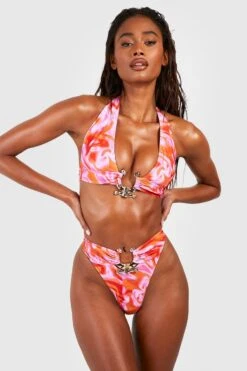 BOOHOO Tie Dye Gold Trim High Waist Bikini Set