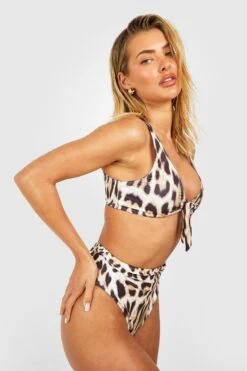 BOOHOO Leopard Tie Front High Waist Bikini Set -Sea Vibe Together female brown leopard tie front high waist bikini set 2