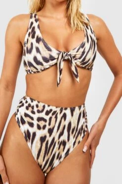 BOOHOO Leopard Tie Front High Waist Bikini Set -Sea Vibe Together female brown leopard tie front high waist bikini set 3