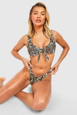 BOOHOO Leopard Tie Plunge Bikini Top