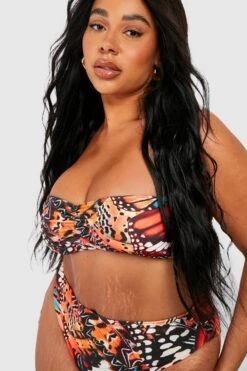 BOOHOO Plus Butterfly Print Bandeau Bikini Set -Sea Vibe Together female brown plus butterfly print bandeau bikini set 2