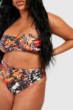 BOOHOO Plus Butterfly Print Bandeau Bikini Set -Sea Vibe Together female brown plus butterfly print bandeau bikini set 3